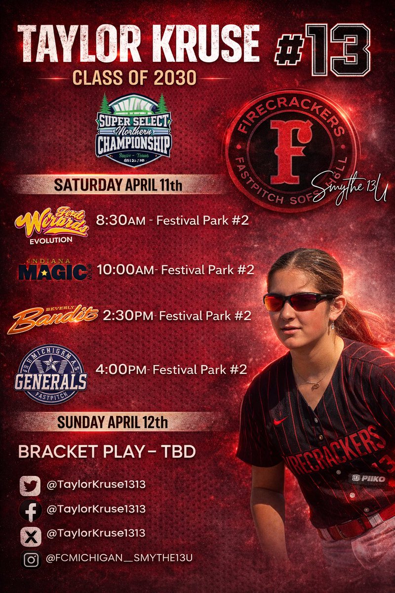 So excited for next weekends <a href="/PGFnetwork/">PGF</a> Super Select Northern Championship.

Doesn't get more challenging than that with this amazing draw! 
<a href="/NCAASoftball/">NCAA Softball</a> 
<a href="/FCsmythe2012/">Firecrackers MI- Smythe 13U</a> 
<a href="/NCSA_Softball/">NCSA Softball</a>