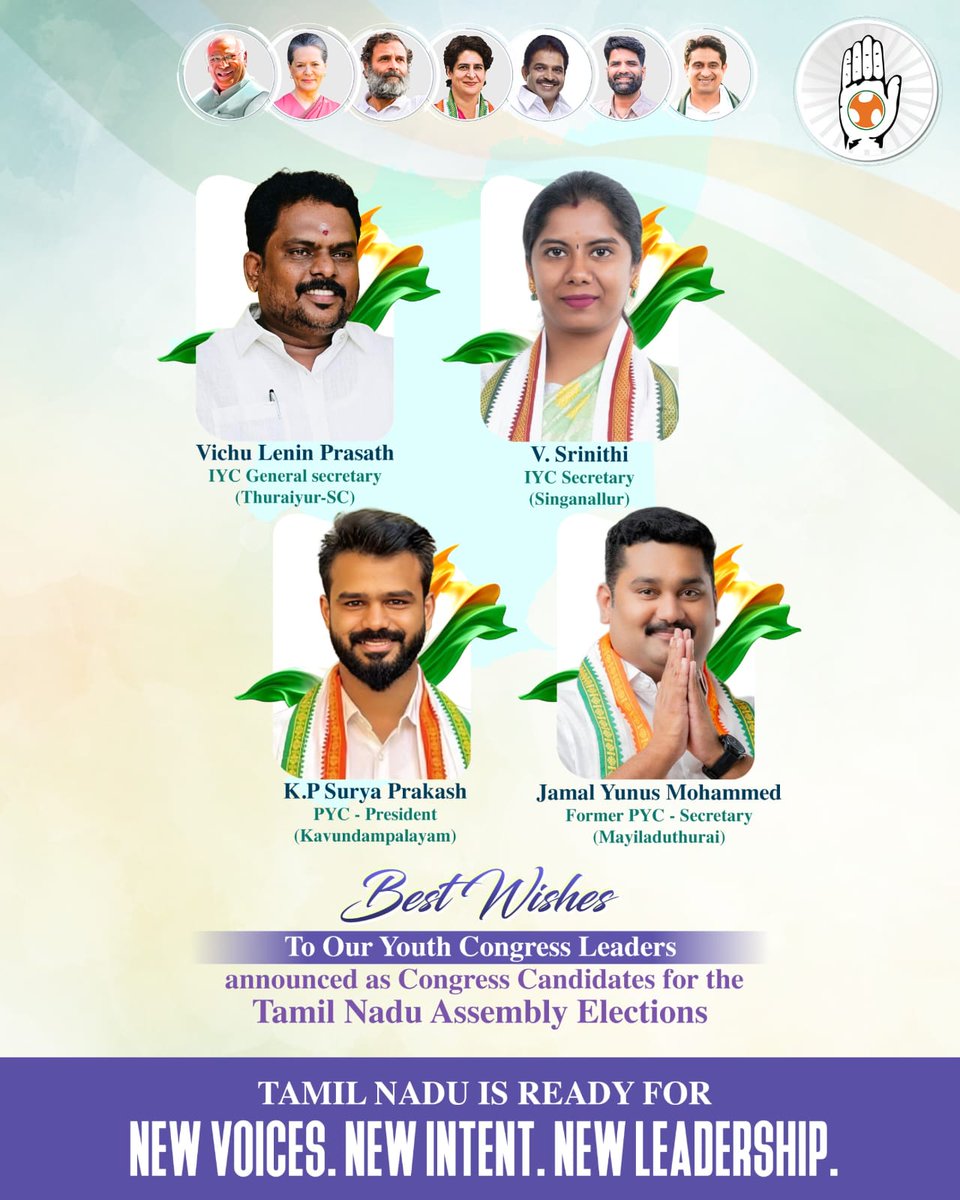 syedkhalid4488's tweet photo. New Voices.
New Intent.
New Leadership. 🇮🇳

Congratulations to our four Youth Congress leaders on getting Congress tickets in Tamil Nadu.

Out of 28 alliance seats, Youth Congress securing 4 seats reflects the growing strength of young leadership.

We are grateful to the Congress senior leadership for their trust in youth and for giving them the responsibility to lead from the front. ✊