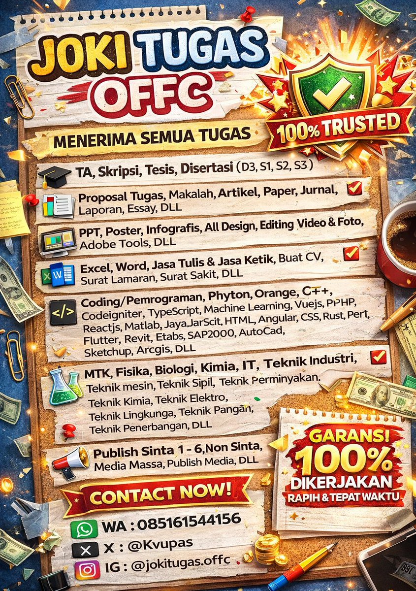 Open Joki Semua tugas ya. open kerjain skripsi dan tesis free revisi sampai ACC dan pastinya gak asal asal ya.

OLAH DATA
SOSHUM, SAINS
IT
TEKNIK
DLL

— menerima semua tugas📑
— no ai &amp; no asal-asalan
— 📲𝗪𝗔 : wa.me/6285161544156 ☆
— 𝐭𝐞𝐬𝐭𝐢 𝟏𝟎𝟎𝟎+📚

#zonauang