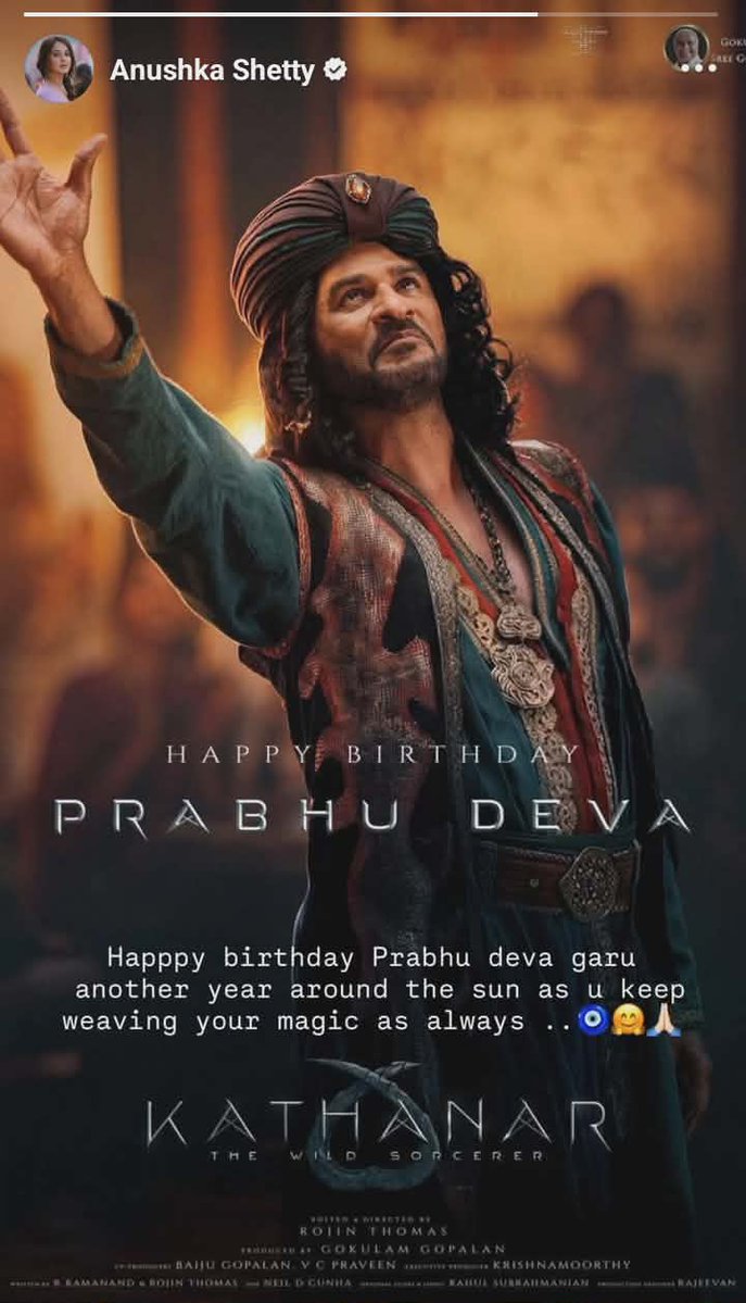 Happy Birthday Prabhu Deva Garu another year around the sun as you keep weaving your magic as always🤗🙏 - 

#AnushkaShetty via Instagram and Facebook story.