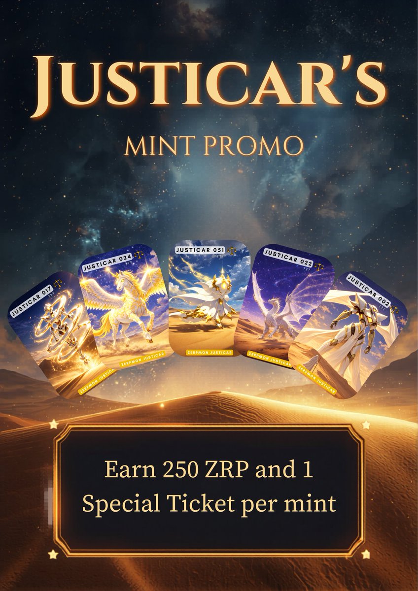 JUSTICAR’S MINT PROMO ⚖️🔥

The balance of power is shifting.. Justicars are the purest form of Zerpmon to be discovered in the wild.

💰 Earn 250 ZRP + 1 Special Ticket per mint
🎁 We’ve added 2 more Justicar NFTs into the Special Box
🎯 Now a 15% chance to mint a Justicar