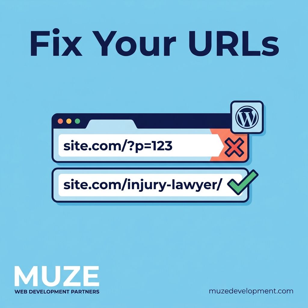 muzedevelopment's tweet photo. Quick one. If your law firm's WordPress site still has URLs that look like https://t.co/UmcdFf5ed8, you're leaving SEO value on the table every single day.

WordPress defaults to that format. Most firms never change it. But Google uses URL structure as a relevance signal.

https://t.co/L174ZFHUks tells Google and visitors exactly what the page is about. https://t.co/a3JRoAGPZ0 tells them nothing.

Takes 30 seconds to fix in Settings > Permalinks. Choose "Post name." Done.

One caveat: if the site has been live for a while, changing permalinks without redirects will break every existing link. Set up 301 redirects first or you'll tank your rankings instead of improving them.