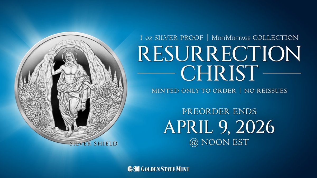 GoldenStateMint's tweet photo. This 1 oz Silver Proof Resurrection of Christ MiniMintage is a great tribute in this Easter season. Pre-order yours today before this design disappears on April 9th at 12:00 PM EST! #GoldenStateMint #Silver #PreciousMetals #MiniMintage https://t.co/83oIKx3Mts https://t.co/JYlZ0xT3Nm