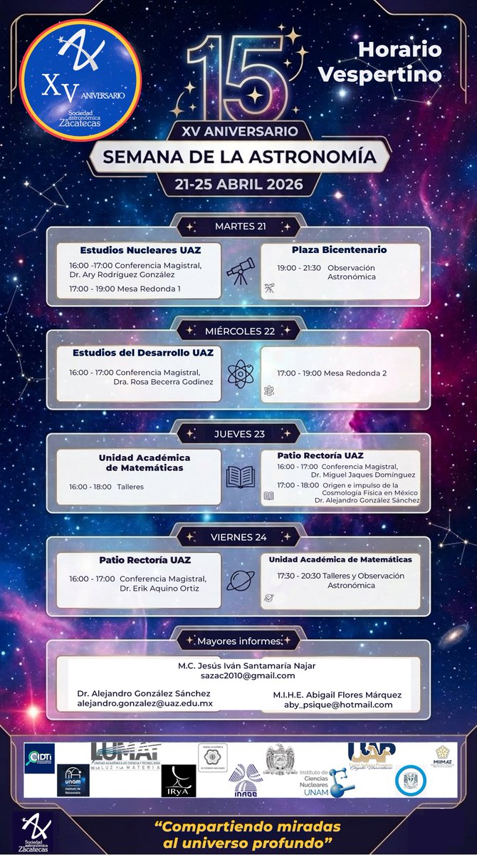 ndezacmx's tweet photo. Les presentamos el PROGRAMA OFICIAL de la Semana de la Astronomía.
Revisa las imágenes, guarda tus eventos favoritos y arma tu agenda cósmica.
#SemanaDeLaAstronomía #SAZ15Años #DivulgaciónCientífica #Astronomía #Zacatecas #SAZ https://t.co/EgtEBZKgvP