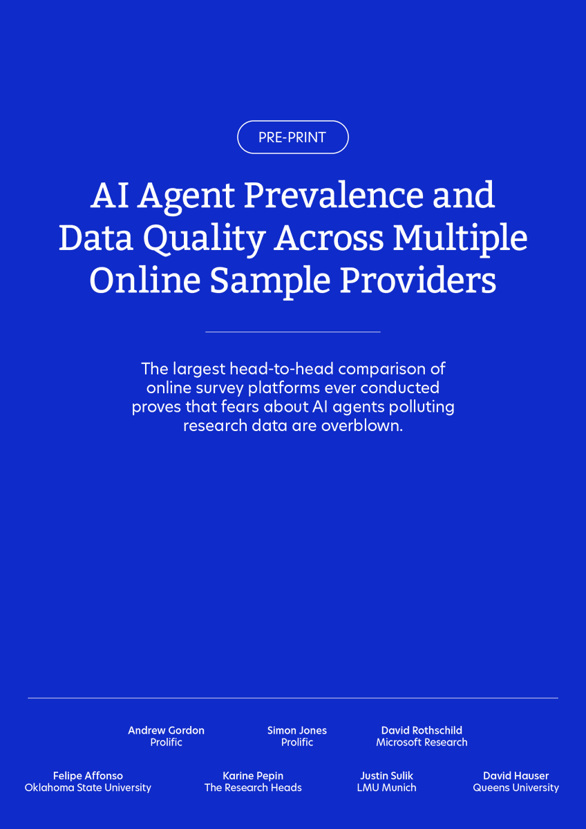 Prolific's tweet photo. New pre-print: "AI Agent Prevalence and Data Quality Across Multiple Online Sample Providers,” led by Prolific's research sciences team and researchers from @MSFTResearch, @okstate, @LMU_Muenchen, @queensu, and The Research Heads. 🧵 https://t.co/DmVXF7SgUi