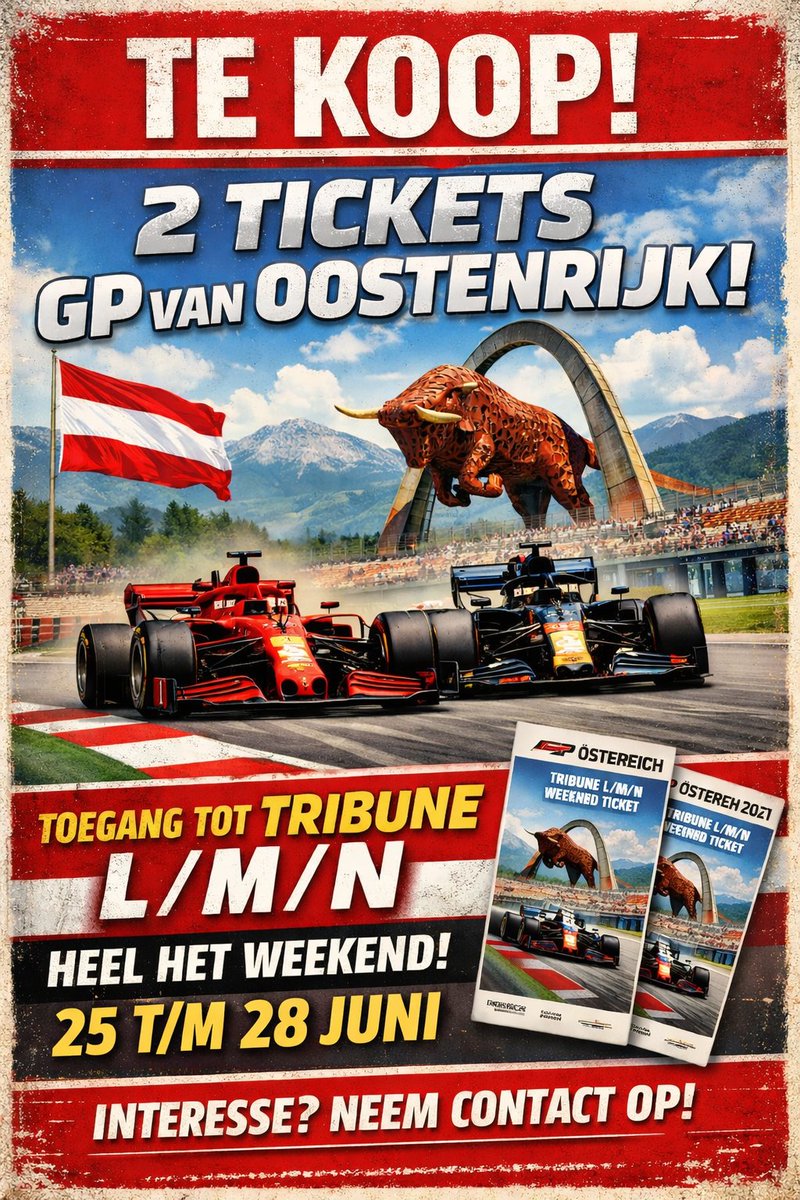 MAX_imum_Attack's tweet photo. Wegens omstandigheden hebben wij twee tickets te koop voor de GP van Oostenrijk 2026.
Eventueel kunnen wij ook nog bemiddelen bij een campingplek en toegang stikker voor op de auto.. Wel zelf een tent meenemen.
#maxverstappen #redbullring #redbullracingf1 #austriangp #F1 https://t.co/aKHwW973wW