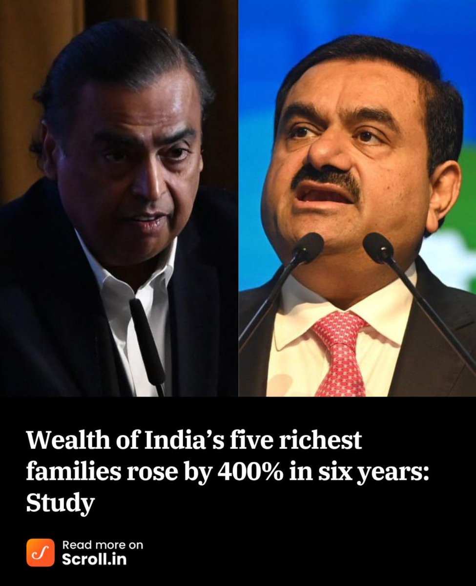 KanojiaPJ's tweet photo. India’s top 5 families, Ambani, Adani, Mittal, Jindal, Nadar have seen their combined wealth surge by 400% between 2019–2025.

Adani Group: 625% growth
Reliance (Ambani): 153% growth

At the same time, the reality for ordinary Indians is stark:
The bottom 50% holds just 6.4% of total wealth

Income growth for common citizens has remained stuck in 5–8% range

This is not a coincidence. This is not just market forces at work.

This is manufactured inequality, shaped by policy choices, regulatory advantages, and concentration of opportunity in the hands of a few.

When governments start picking winners, wealth doesn’t trickle down, it piles up at the top.

That’s not economic growth. That’s the slow transformation of a democracy into an oligarchy.
