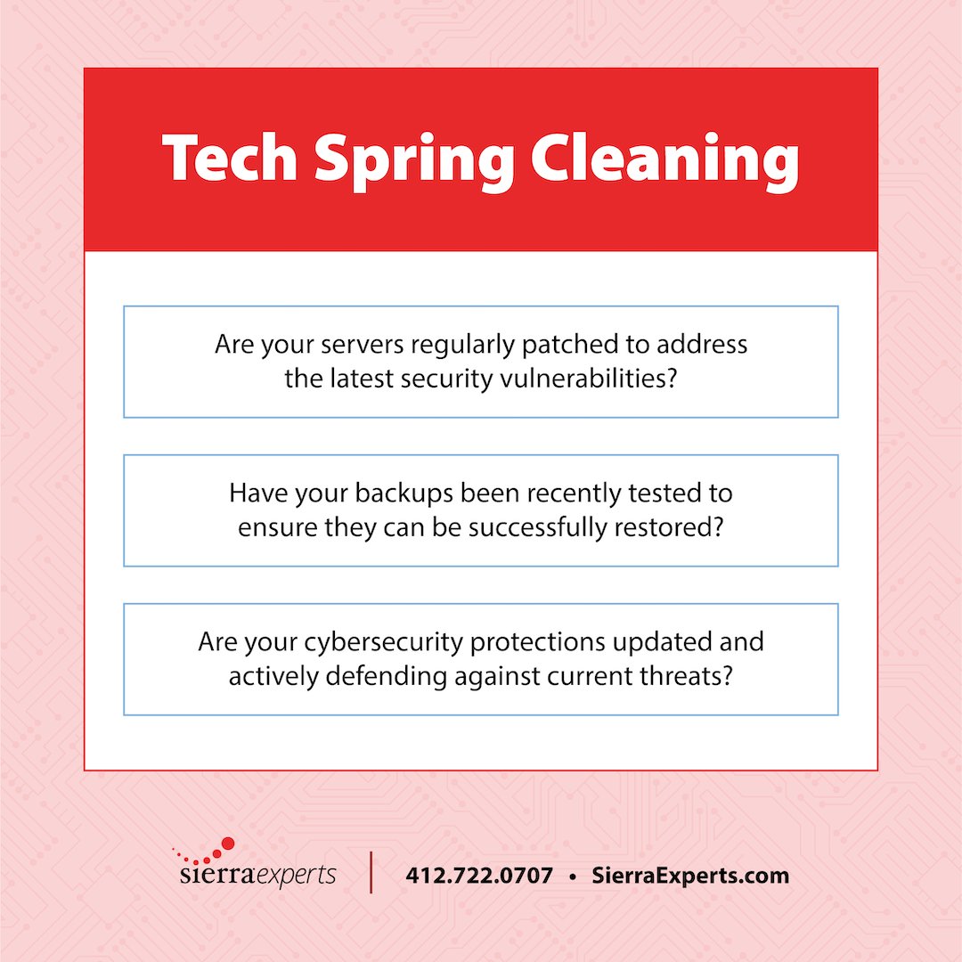 SierraExperts's tweet image. Spring is a great time to review your technology environment. Are your servers patched, backups tested, and cybersecurity protections up to date? A quick IT health check can prevent major problems later in the year.
#CyberSecurity #ITMaintenance #VulnerabilityAssessment