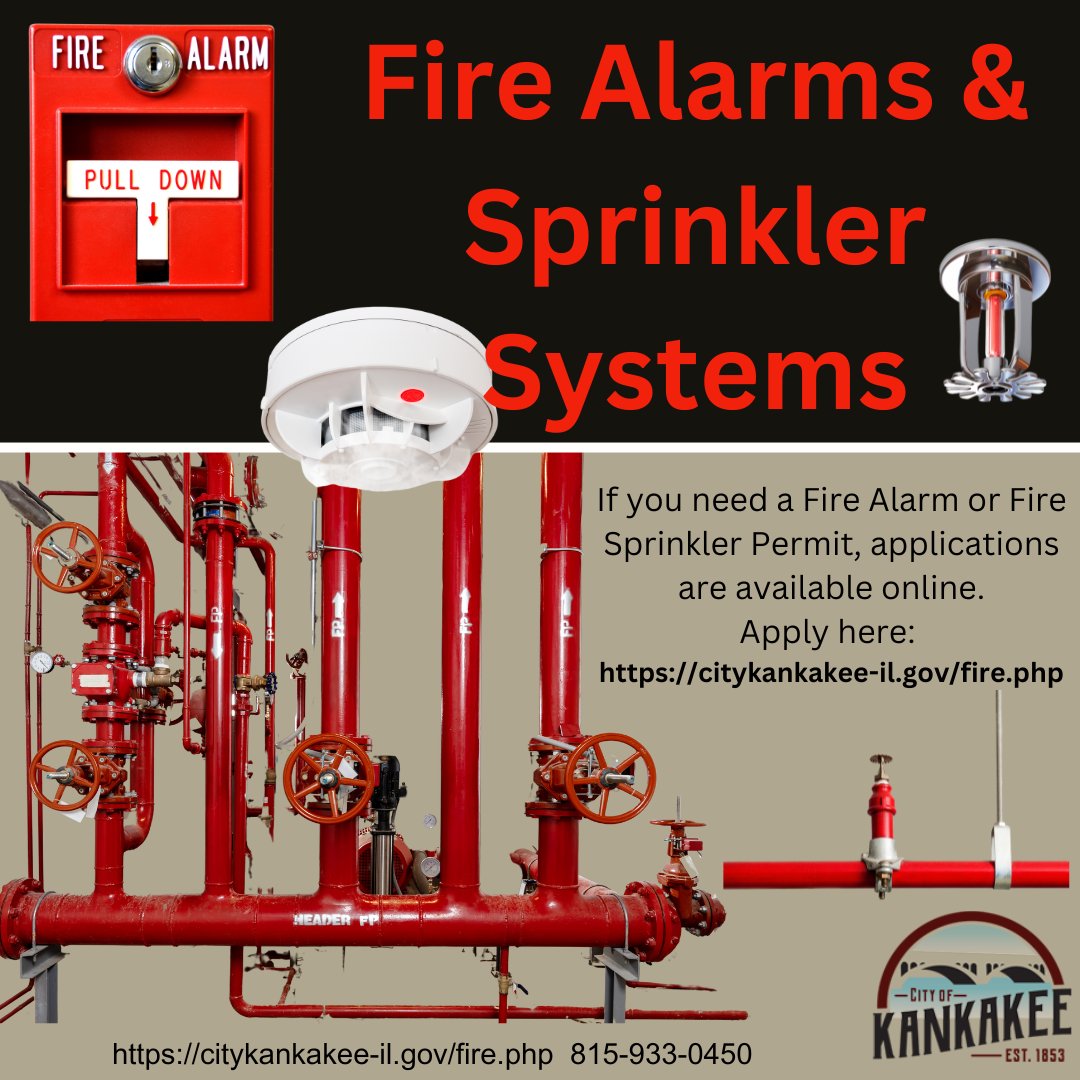 CityKankakee's tweet image. 🚒 Kankakee Fire Department Permits for Fire Alarms &amp;amp; Sprinkler Systems 🔥

If you need a Fire Alarm or Fire Sprinkler Permit, applications are available online.

📌 Apply here: citykankakee-il.gov/fire.php

#KankakeeFire #FireSafety #Permits #ProtectYourProperty