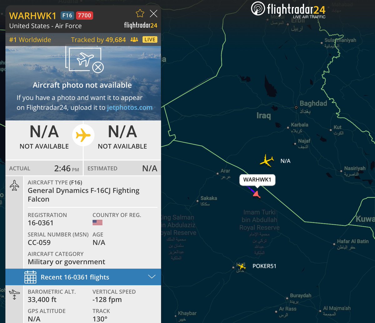ArmchairAdml's tweet image. #USAF United States Air Force - General Emergency 🚨

General Dynamics F-16CJ Fighting Falcon 1x
#AE161D 91-0361 - WARHAWK 01

A single U.S. Air Force F-16 is squawking 7700 "General Emergency" along the border of Iraq and Saudi Arabia.

The tail number shown on @flightradar24