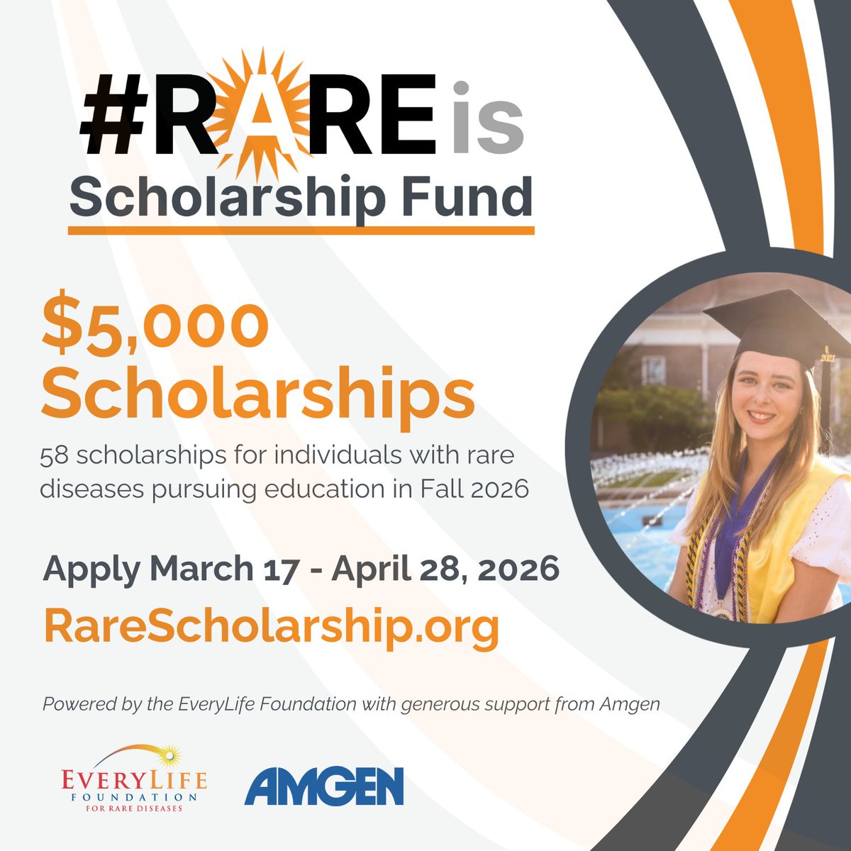 wakenarcolepsy's tweet image. Powered by the EveryLife Foundation for Rare Diseases, 58 scholarships of $5,000 will be awarded to individuals with rare diseases pursuing higher education for Fall 2026. 

Learn more and apply at rarescholarship.org. Applications close April 28 at 2 PM ET.