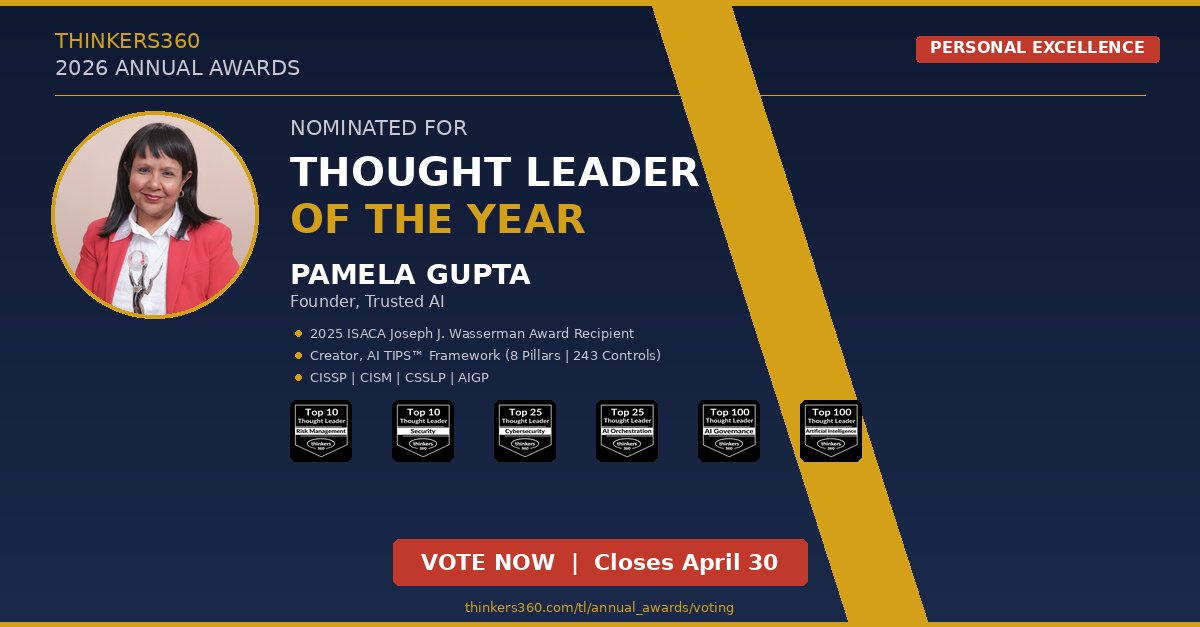 Honored to be nominated for Thought Leader of the Year in the
<a href="/Thinkers360/">Thinkers360</a> 2026 Annual Awards.

If my work on AI governance, the AI TIPS framework, and the Trustworthy
AI Podcast has been valuable to you, your vote means a lot.

Vote here: thinkers360.com/tl/annual_awar…
#AIGovernance