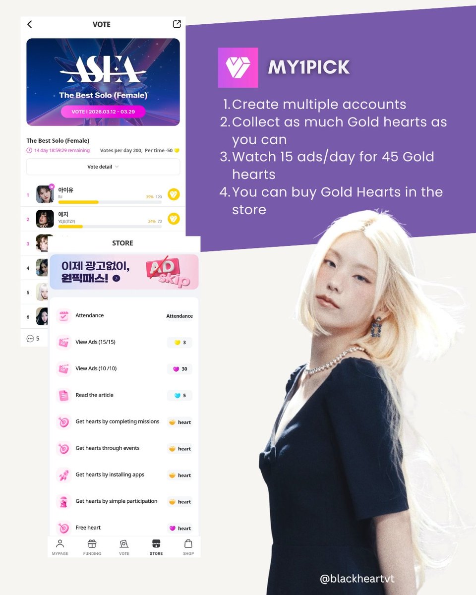 BlackheartVT's tweet photo. [🏆ASEA 2026 - MASS COLLECTION WAVE 2]

📅D-10 ROUND 2
#YEJI is still safe within Top 10, focus on voting ticket collection.

For busy Blackhearts, please focus on Mubeat as it gives the most tickets, use multiple accounts.

How to collect on Mubeat, Podoal and My1Pick
👇👇👇 https://t.co/EnFaUajSD3