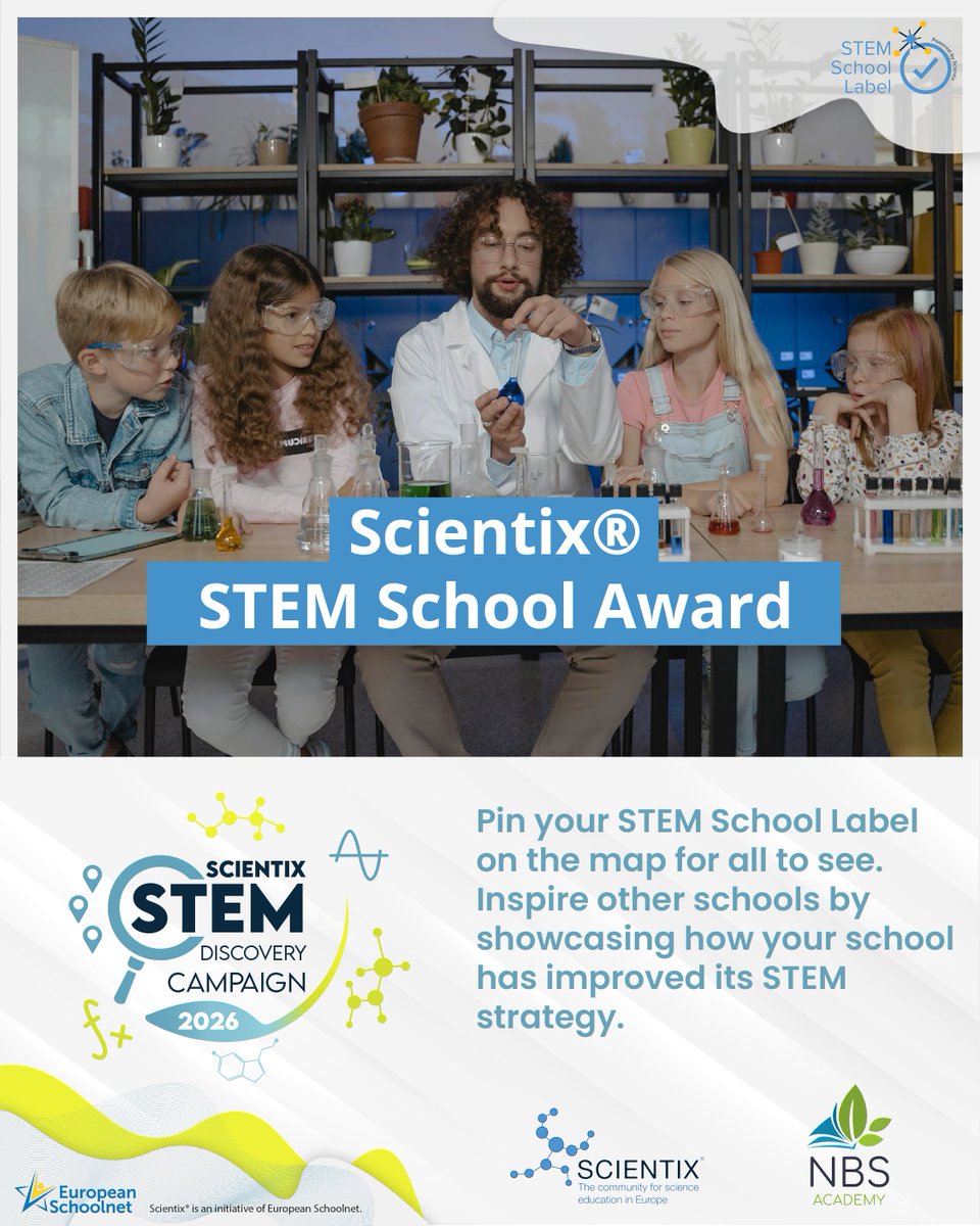 🏷️  Teachers, does your school have a STEM School Label? Share it with us! 
Check the #Scientix STEM School Label Award and submit your label on the #SDC26 map✨ 
Supported by <a href="/STEM_Label/">STEM School Label</a> , co-organised by <a href="/NBS/">NBS</a> Academy &amp; Scientix. 
ℹ tinyurl.com/scx-awards