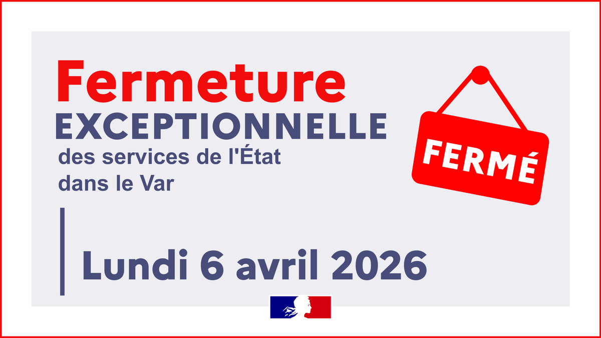 Prefet83's tweet image. #Fermeture | 🗓 Lundi 6 avril, la préfecture du #Var, les sous-préfectures de Brignoles et de Draguignan, les directions départementales interministérielles et des Finances Publiques seront fermées au public. 
✅ Réouverture mardi 7 avril 👉 swll.to/sWAtYyM
