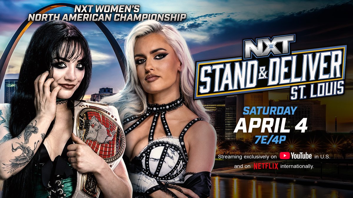 WWENXT's tweet photo. TOMORROW at #StandAndDeliver 🚨

🔥 @joehendry vs. @starkmanjones vs. @TonyDangeloWWE vs. @OfficialEGO - #WWENXT Championship Match

💪 @mylesborne_wwe vs. @JohnnyGargano - NXT North American Championship Match

👀 @TatumPaxley vs. @BlakeMonroeWWE - NXT Women's North American Championship Match

💥 Vanity Project vs. Los Americanos - NXT Tag Team Championship Match

📍: St. Louis
🎟️: https://t.co/wDavqtp181