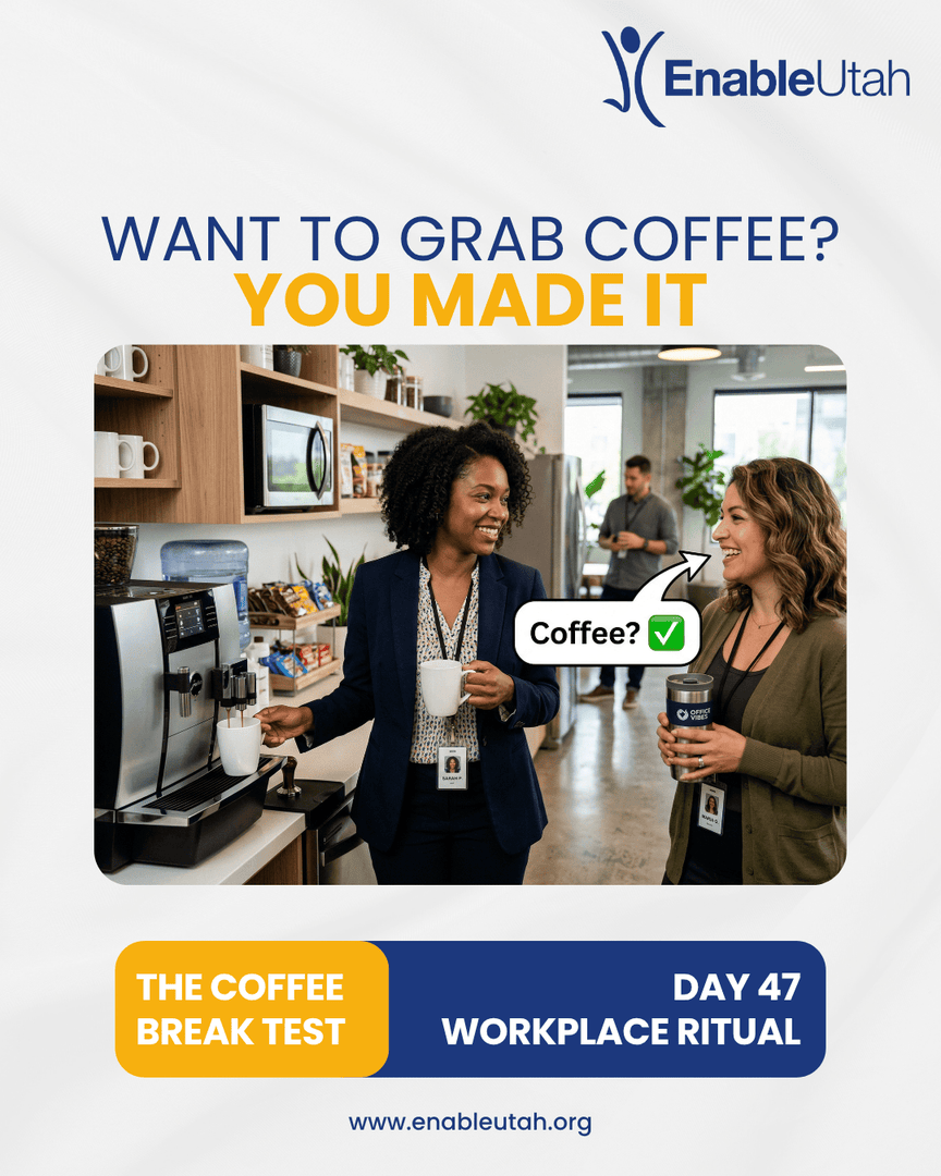 EnableUtah's tweet photo. EnableUtah clients know: casual coworker coffee invites = you've arrived.
No longer "new guy." You're coffee crew.

#coffeebreaktest #workplacerituals #empowerment #training #skills #support #odgen #utah #enableutah https://t.co/nxxVBjxZ1J