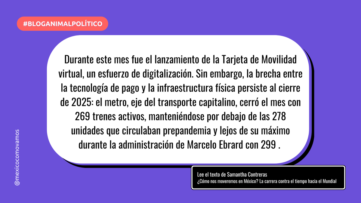 MexicoComoVamos's tweet photo. @sammcont 🔎 La pregunta no es solo si llegaremos listos al Mundial.
La verdadera pregunta es: ¿qué sistema de transporte quedará para millones de mexicanas y mexicanos después de que termine el torneo?
🟣 Lee a @sammcont en el #BlogMCV con @Pajaropolitico ➡️ https://t.co/kvVAPc2frX https://t.co/xBxEqkTlOJ