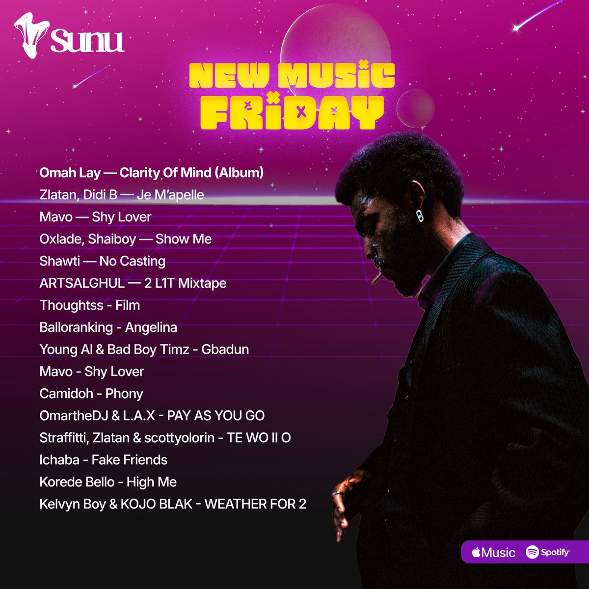 New Music Friday!▶️

Omah Lay — Clarity Of Mind (Album)
Zlatan, Didi B — Je M’apelle
Mavo — Shy Lover
Oxlade, Shaiboy — Show Me
Shawti — No Casting
ARTSALGHUL — 2 L1T Mixtape
Thoughtss - Film
Balloranking - Angelina 
Young Al &amp; Bad Boy Timz - Gbadun

Artist Cover: <a href="/Omah_Lay/">Omah Lay</a>◀️