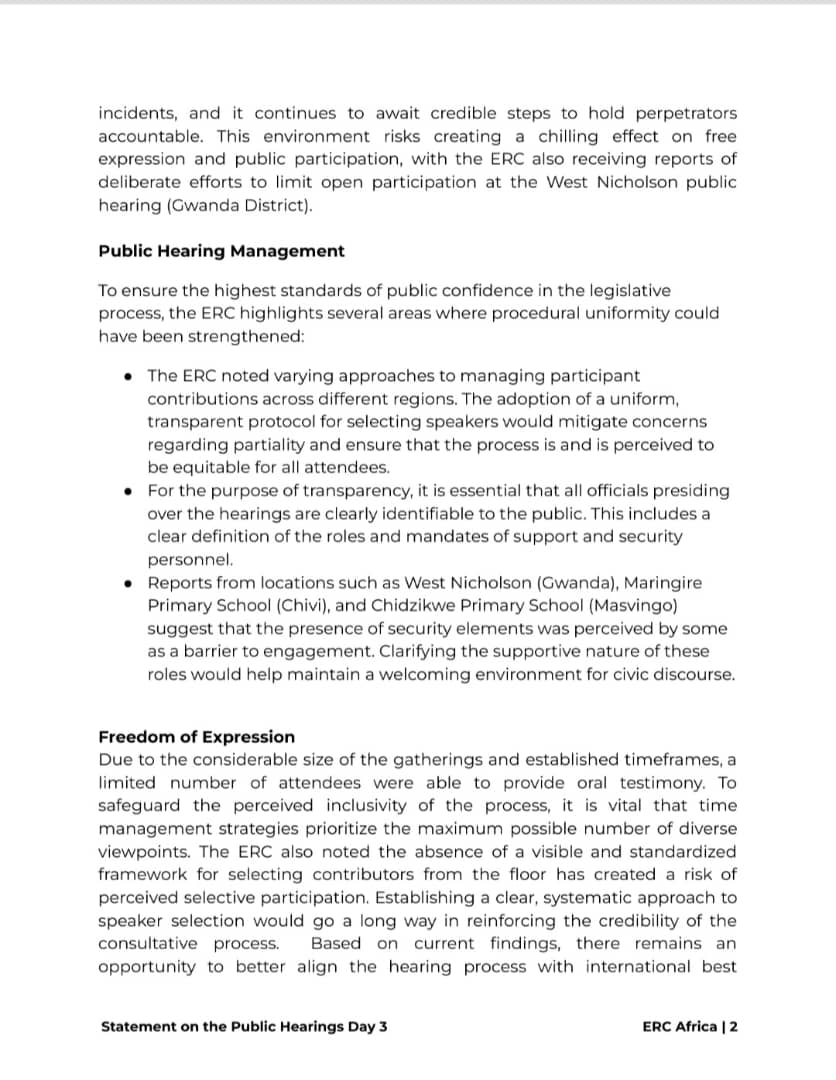ercafrica's tweet image. Day 3- Public Consultations

Venue capacities proved insufficient for the high levels of public interest. This mismatch limited the volume of public submissions, potentially impacting the primary objective of broad-based parliamentary consultation.....

#ElectionsZW #CAB3