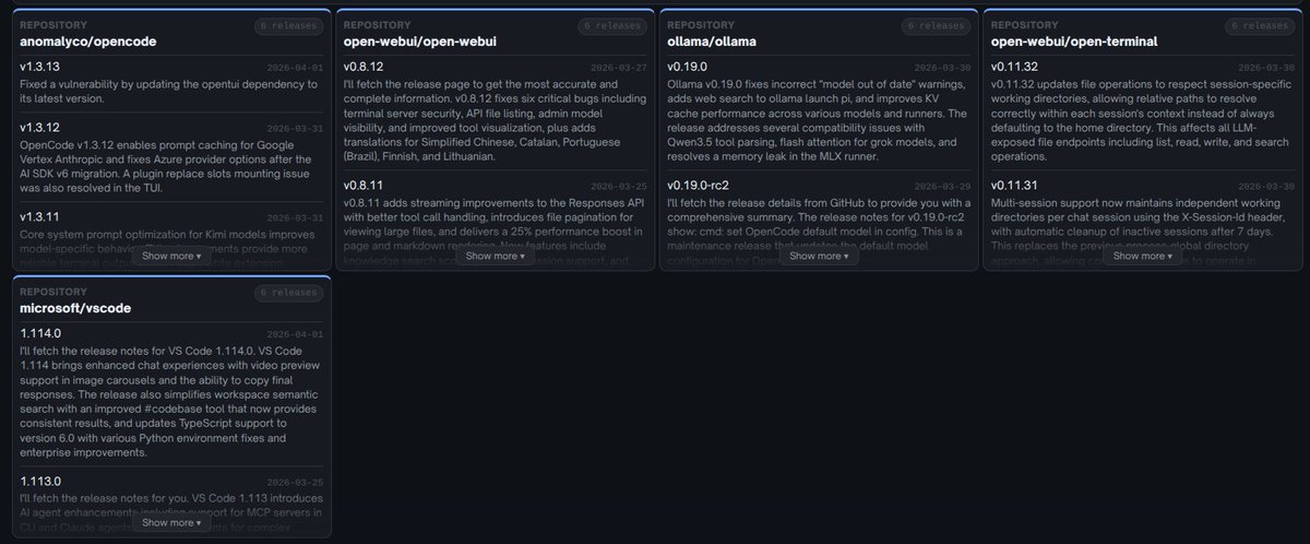 Like many of you here, I'm running my lifeos with agents now, I also have a dashboard aggregating all kinds of useful stats that I want to track, to conveniently access them in one place.

Tracking some software releases is one of such tasks, so a couple of weeks ago I added