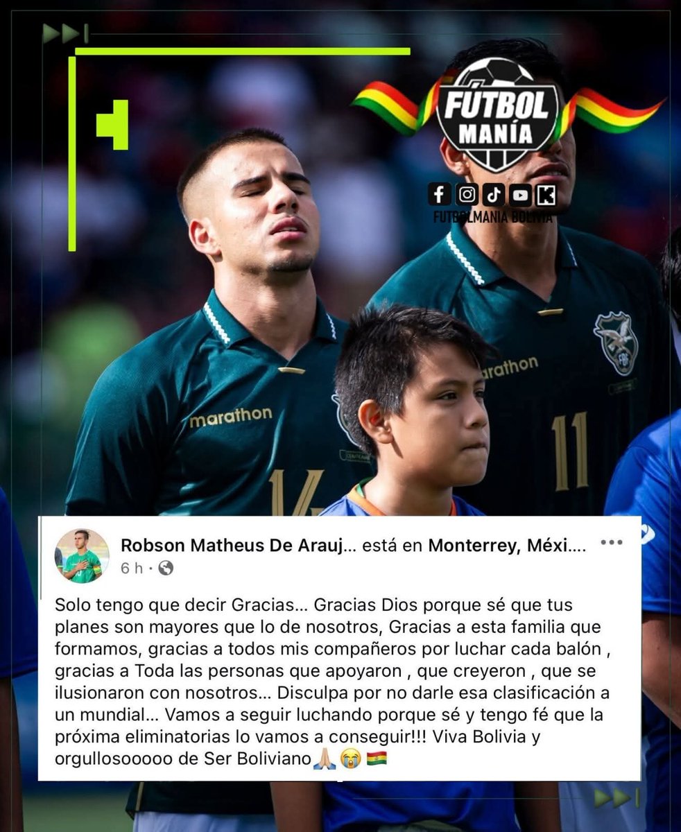 Futbolmania01's tweet photo. BOLIVIA SE RESPETA 🇧🇴
​"Solo tengo que dar las gracias a la familia que forman parte de todos. Los tiempos de Dios son perfectos y habrá otra oportunidad". 🙌✨
​¡Con todo por la revancha! ❤️💛💚
​#Bolivia 
#RobsonMatheus
 #LaVerde 
#Fe https://t.co/cgWM3uV8Bu