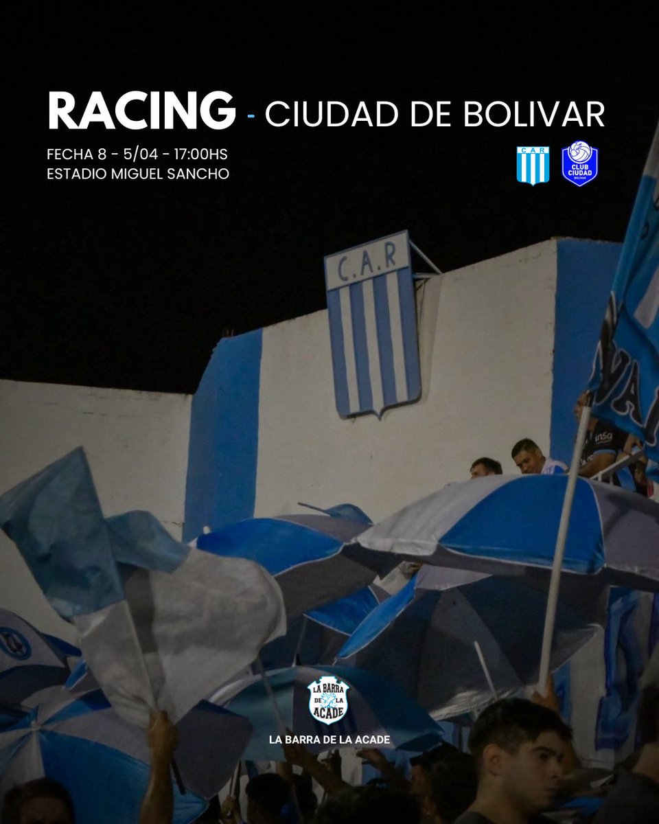 Todos al Sancho 🩵🤍  #racingcba

🏆 #PrimeraNacional
🆚 Club Ciudad de Bolivar 
🗓️ domingo 5/04
🕙 17:00 hs
🏟️ Estadio Miguel Sancho
💻 LPF | PLAY