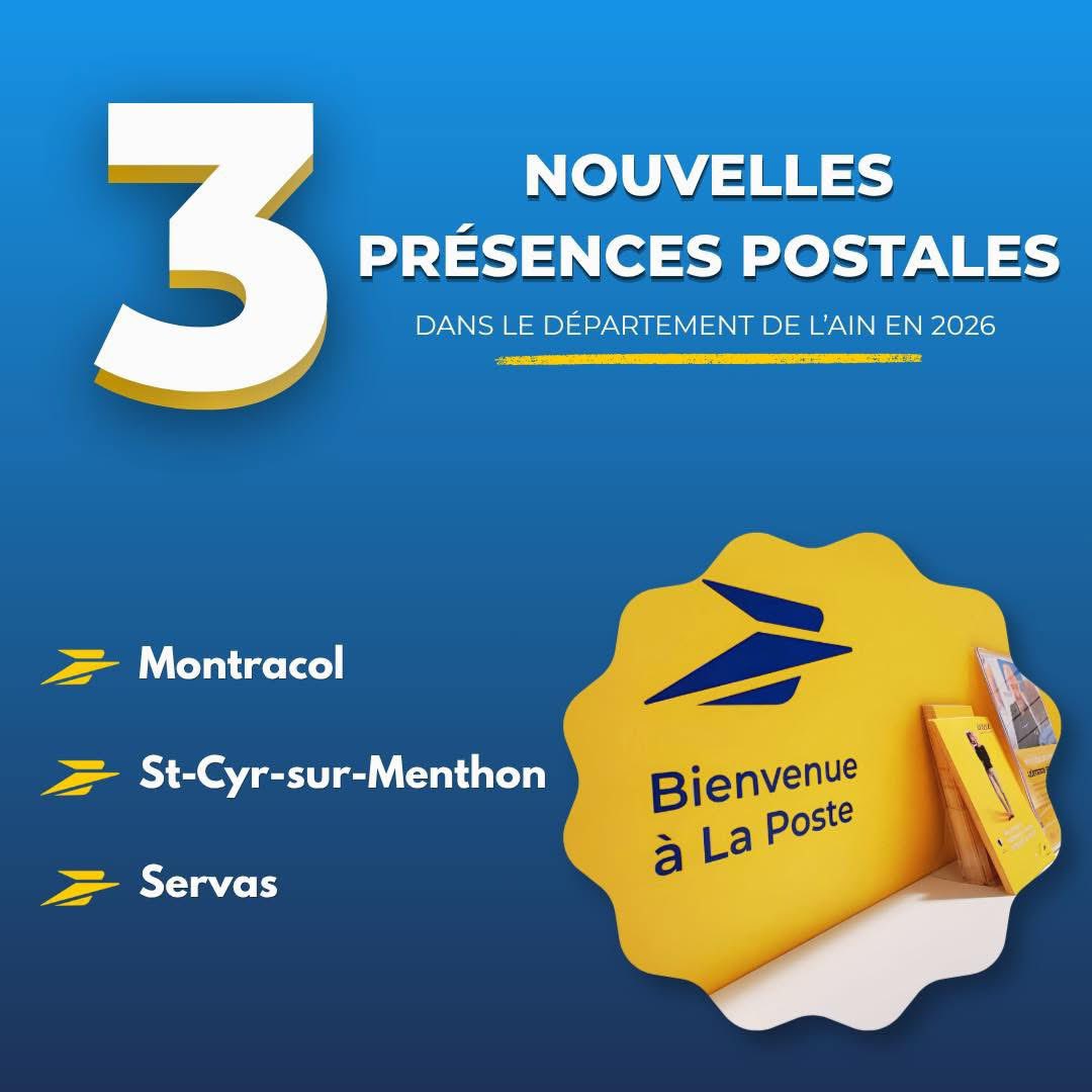 📬 𝟑 𝐧𝐨𝐮𝐯𝐞𝐥𝐥𝐞𝐬 𝐩𝐫𝐞́𝐬𝐞𝐧𝐜𝐞𝐬 𝐩𝐨𝐬𝐭𝐚𝐥𝐞𝐬 𝐝𝐚𝐧𝐬 𝐥'𝐀𝐢𝐧 𝐞𝐧 𝟐𝟎𝟐𝟔 sur notre circonscription !

Bonne nouvelle pour notre territoire : 𝐭𝐫𝐨𝐢𝐬 𝐧𝐨𝐮𝐯𝐞𝐚𝐮𝐱 𝐩𝐨𝐢𝐧𝐭𝐬 𝐝𝐞 𝐜𝐨𝐧𝐭𝐚𝐜𝐭 𝐩𝐨𝐬𝐭𝐚𝐥 𝐚̀ 𝐌𝐨𝐧𝐭𝐫𝐚𝐜𝐨𝐥,