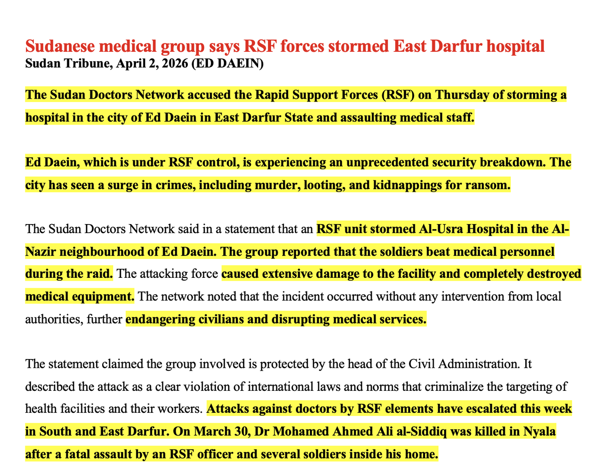 sudanreeves's tweet photo. Important to remember how badly #RSF have “governed” the cities and towns controlled/captured—how poorly security is maintained, how rampant crime is (including extortion), and how freely this genocidal militia attacks medical personnel and facilities. Ed #Daein is hardly unique:
El #Fasher, #Nyala, El #Geneina, #Zalingei…again and again, the RSF prove they are not interested in civilian governance, or indeed any governance. They are a rapacious, mercenary militia that can control parts of #Sudan only through the deployment of brutal, cruel force. They will never be accepted by the people of Sudan, and “succeed” only insofar as they continue to be supported by the #UAE.
This support is complicity in #genocide—and yet those international actors with the power to call out the #Emiratis/bin #Zayed continue their shameless silence.