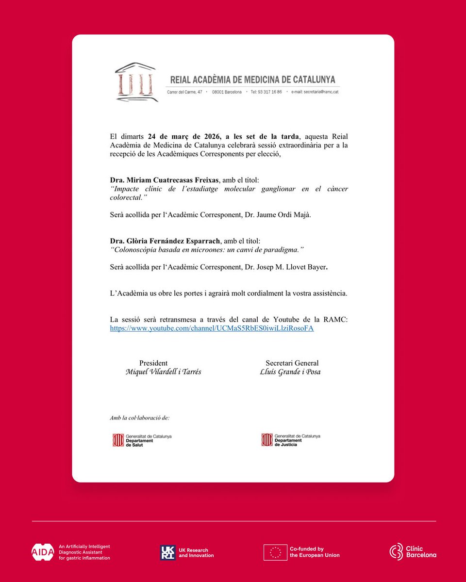 AIDAeuproject's tweet photo. 👏 AIDA congratulates Dr Miriam Cuatrecasas and Dr Glòria Fernández-Esparrach, both AIDA consortium members, on being appointed Corresponding Members of the Royal Academy of Medicine of Catalonia, a well-deserved recognition of their excellence. https://t.co/FAtNrQ6ipf