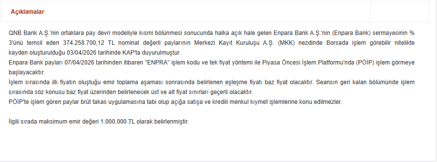 Gercek_Borsaci's tweet photo. #ENPRA 🚨 Beklenen müjdeli haber geldi... Hayırlı olsun 👇

Enpara Bank payları 07/04/2026 tarihinden itibaren "ENPRA" işlem kodu ve tek fiyat yöntemi ile Piyasa Öncesi İşlem Platformu'nda (PÖİP) işlem görmeye başlayacaktır. 

#QNBTR