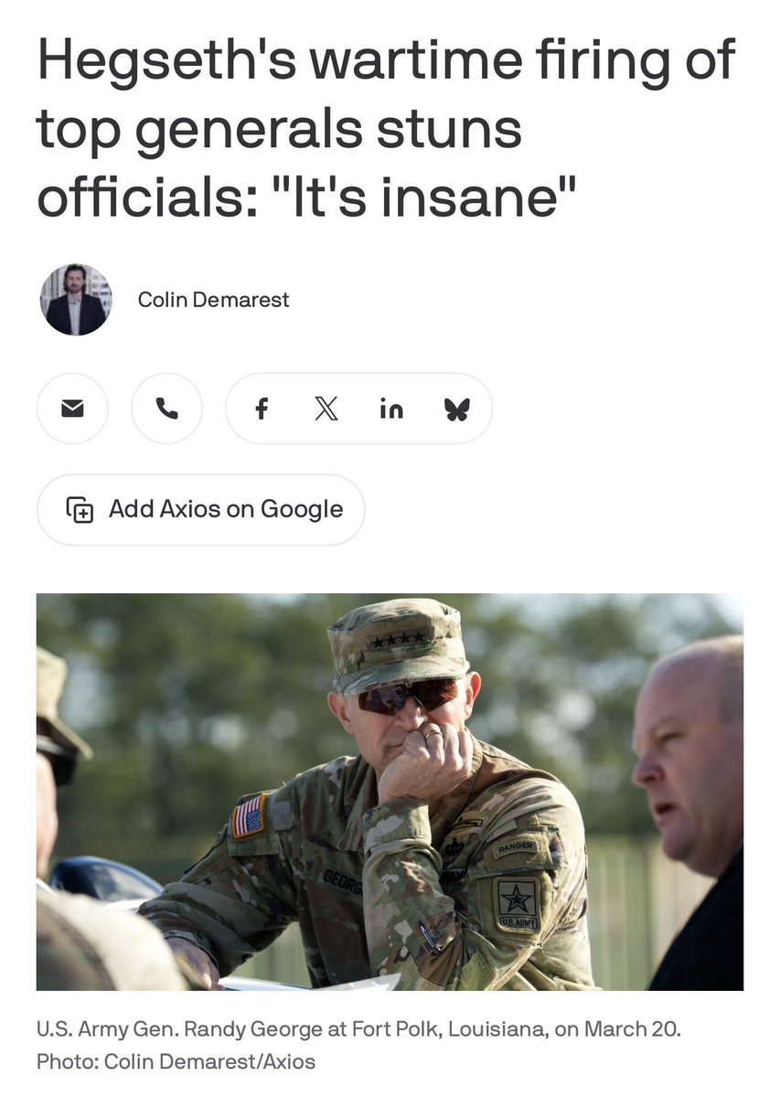 BrennpunktUA's tweet image. Hegseth's wartime firing of top generals stuns officials: "It's insane" — Axios 
￼
The ousters of US 🇺🇸Army Chief of Staff Gen. Randy George and Army Gen. David Hodne blindsided military leaders and have generated concern among defense officials about the implications for the