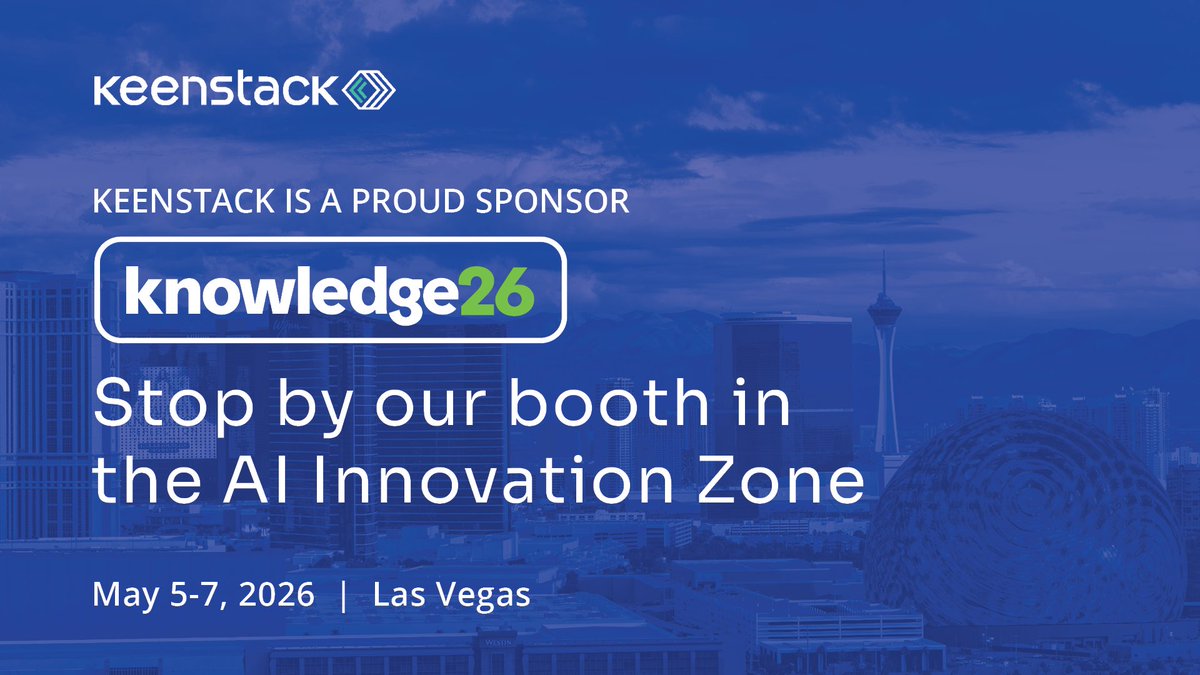 KeenStack's tweet image. The countdown to Knowledge26 is on! 🎉

KeenStack is proud to be a sponsor at this year's Knowledge26 and we could not be more excited about where you can find us. Stop by our booth in the AI Innovation Zone to see our AI-powered apps in action.

#Knowledge26 #K26 #ServiceNow