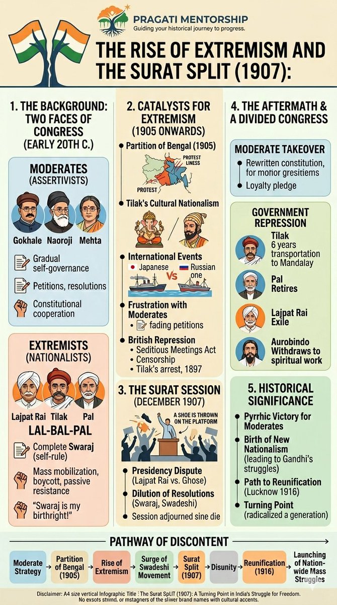 Pragatimentor's tweet image. Evolution of a Revolution. 📉➡️📈
The path from the Moderate strategy to the Surat Split, and eventually to the mass struggles of the Gandhian era. History is never a straight line.
#India #HistoryMatters #Knowledge #Education