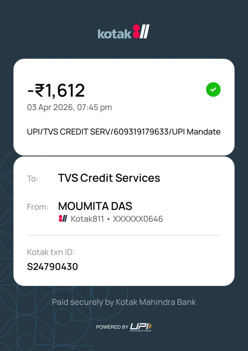 Moumita_23_'s tweet photo. @tvsmotorcompany 

I'm attaching my transaction screenshots. I need an immediate resolution without fail. https://t.co/3LWCBsHPl5