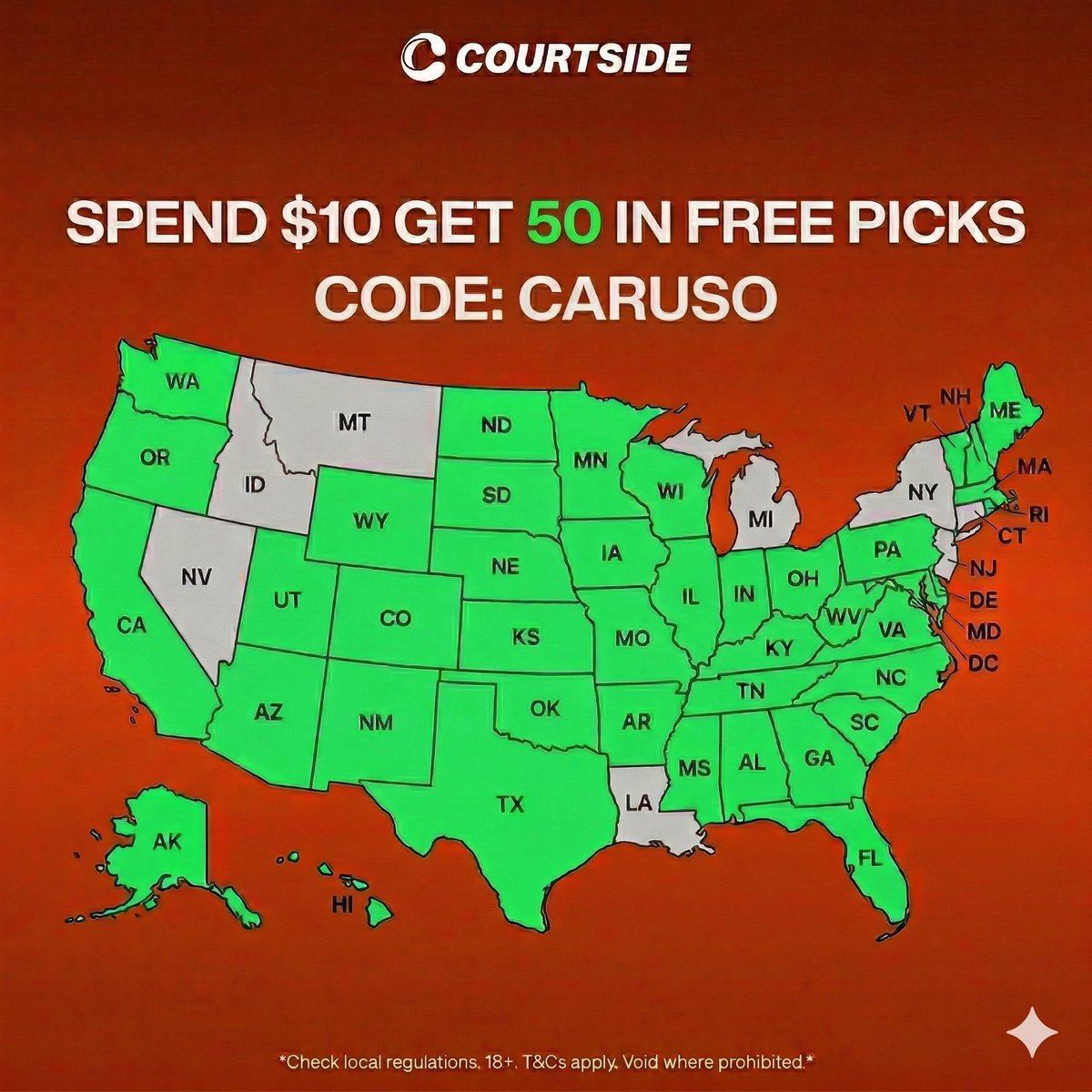 AlexCaruso's tweet photo. Spend $10 get $50 in FREE PICKS on Courtside

✅Available in 42 States
✅More line shopping for better odds
✅Bet on games in non-Sportsbook states

Use Code CARUSO to UNLOCK this⬇️
https://t.co/oYgZ6mGd9w https://t.co/3mzEG8NG6f