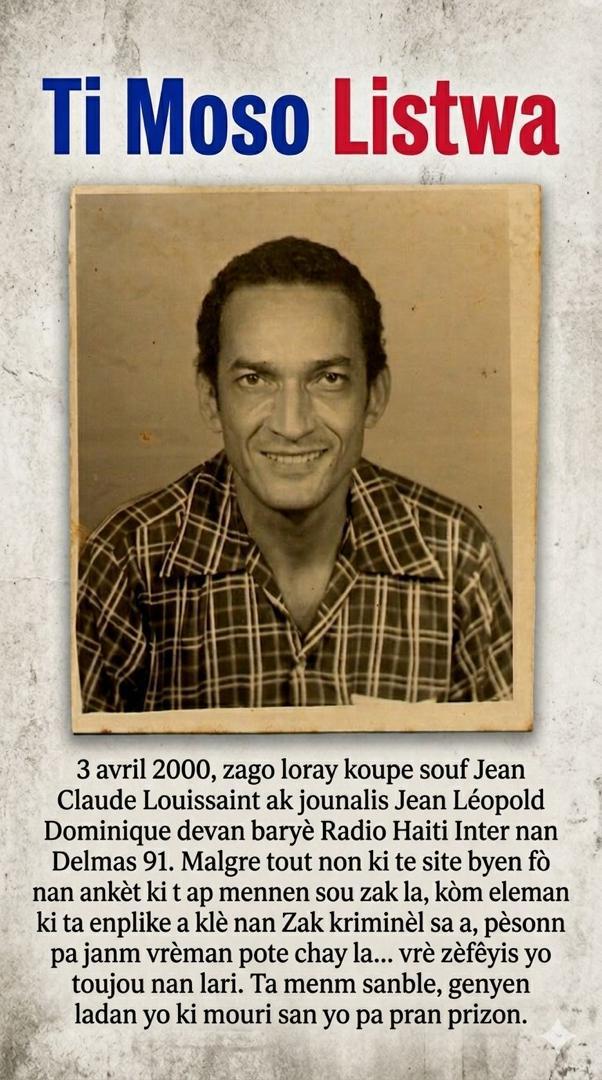 CilienJean20902's tweet image. #Ayiti/#Ensekirite/ #libète #ekspresyon : 3 Avril 2000 _ 3 Avril 2026 , 26 lane depi sanzave yo pa rive idantifye, asasinen Jounalis Jean #Léopold #Dominique ak tout sekirite l devan radyo ayiti entè nan Delmas 91 , jis kounyeya anyen pa janm fèt pou kwape tout kriminèl yo .