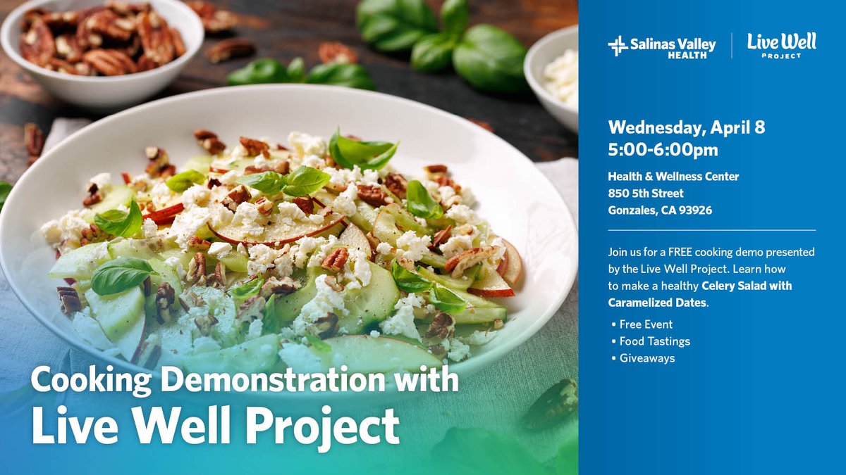 Salinasvhealth's tweet image. Join Salinas Valley Health’s Live Well Project for an upcoming cooking demonstration focused on simple, nutritious meals.

Click the link to register: bit.ly/4bK2L3D

#LiveWell #healthyliving #plantbased #communityhealth #SalinasValleyHealth