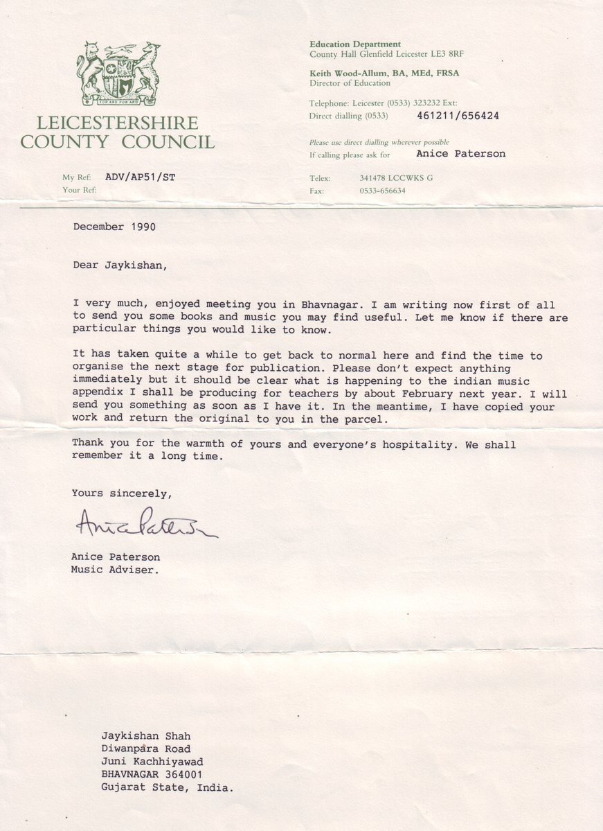 Smt. Anice Paterson - Music Advisor - Leicestershire County Council Letter Dated: December 1990 for me - Jaykishan Kapdi 
I promised her to write lyrics and song in an English Language.
Song "Born in Free World" with lyrics - Music Composition by me.