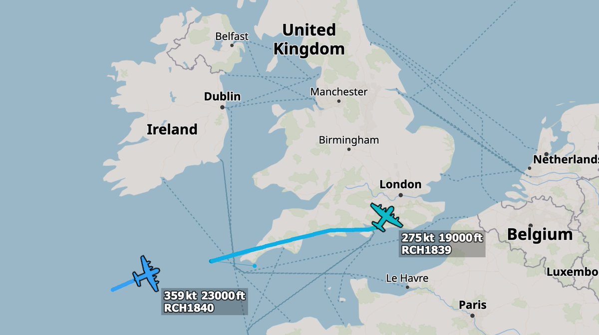 ArmchairAdml's tweet photo. #USAF United States Air Force
Lockheed Martin C-130H Hercules 2x
#ADFDBE 93-7311 - REACH 1839
#ADFE83 92-0548 - REACH 1840
Two C-130s are inbound RAF Mildenhall this afternoon, with REACH 1839 calling BANTER Ops on 300.800.
The two C-130s appear to have departed Reno Air National Guard Base on the 31st March, and have flown via Minneapolis, Atlantic City and Lajes.
@MATA_osint