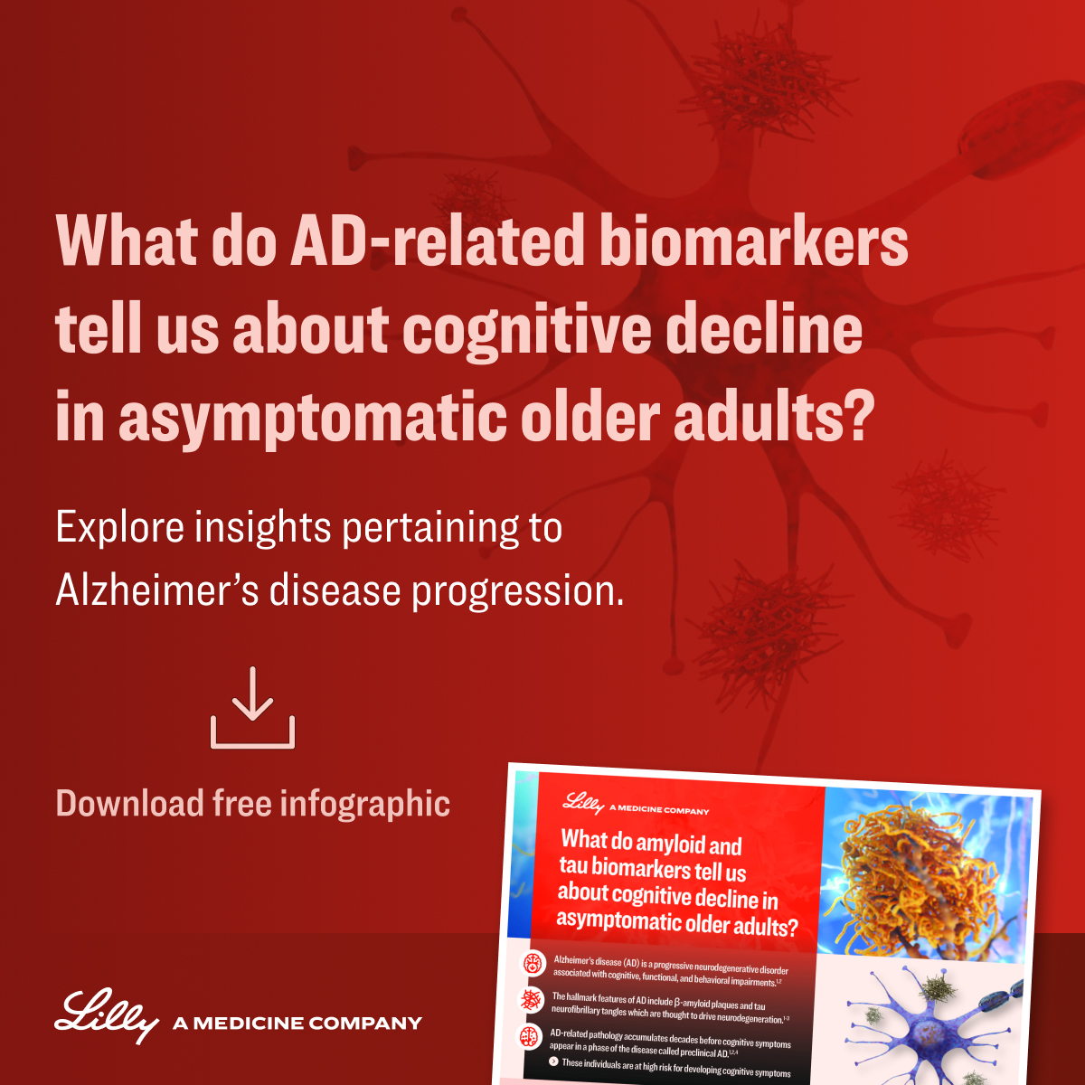 LillyMedical's tweet image. Explore an overview of a recent publication about the association between Alzheimer's disease biomarkers and the development of symptomatic Alzheimer's disease.

📥 Download the free infographic here: e.lilly/4rh2ryZ

 #Alzheimers #PCP #CognitiveHealth #Biomarkers