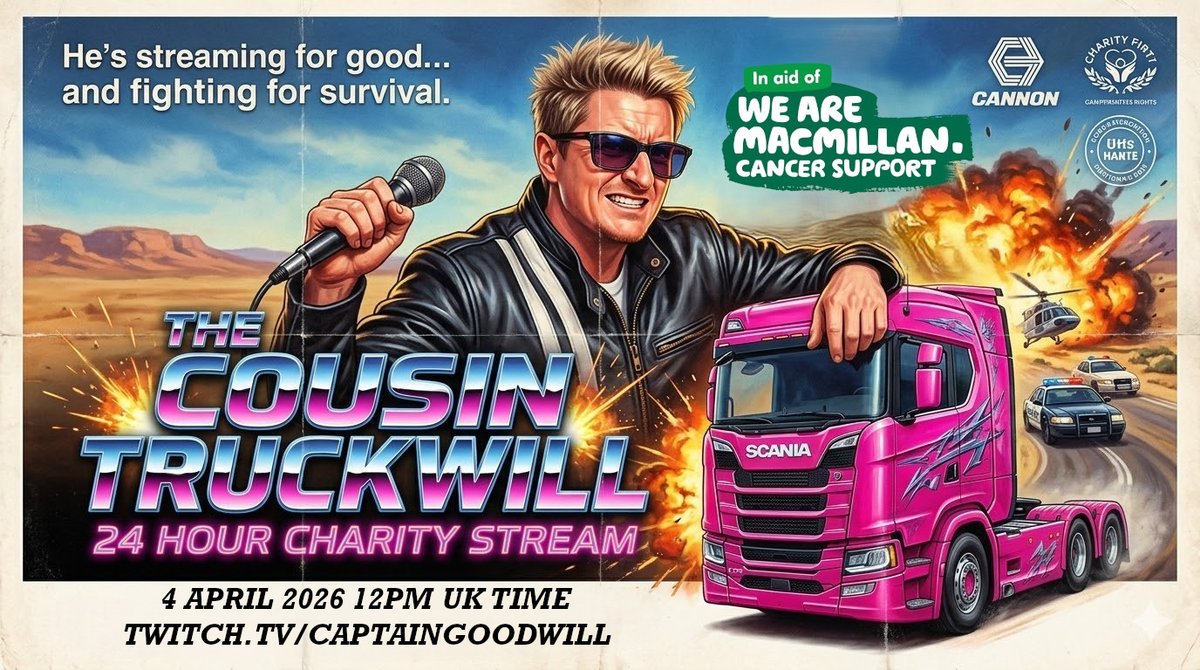 CaptGoodwill's tweet photo. 12pm tomorrow April 4th I am undertaking my most ambitious challenge yet in aid of @macmillancancer 

Cousin Truckwill, 24 hours of non-stop trucking, guitar playing, dancing and singing.  Drop in, share the love, donate to a worthy cause 🖖❤️  #charity https://t.co/21med4LQtx https://t.co/WoNJtCFxPw