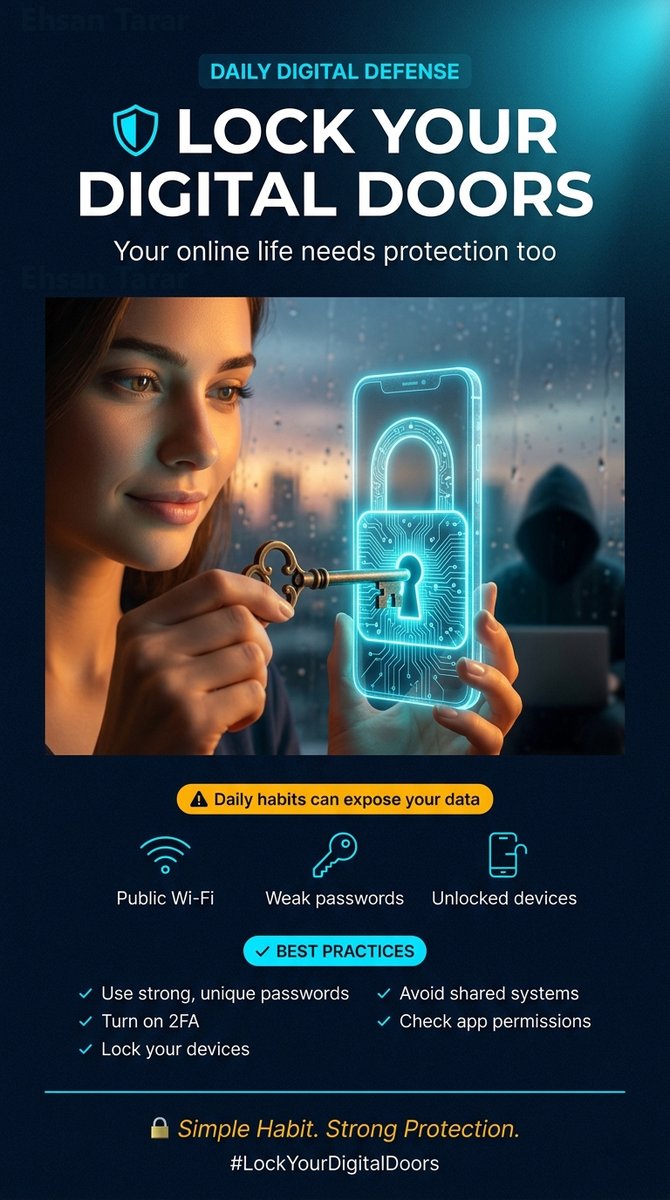 _ehsantarar's tweet photo. 🛡️Lock your digital doors before you leave.
Connecting Public Wi-Fi, using weak passwords &amp; unlocked devices; open access for hackers.
🔐 Stay safe:
✔️ Strong passwords
✔️ Enable 2FA
✔️ Lock devices
✔️ Avoid shared logins
#Cybergate #cyberaware #Security https://t.co/bMyiFyLVQL