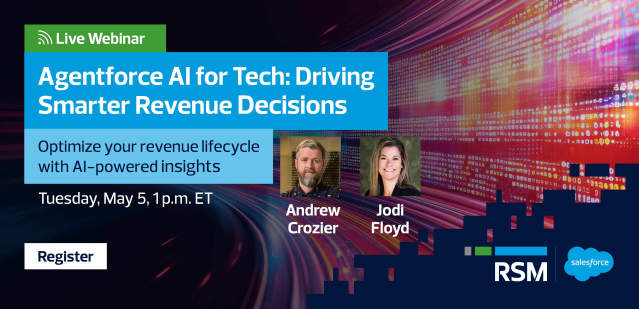 StuartTaub's tweet photo. Agentforce AI for Tech: Driving Smarter Revenue Decisions airs Tuesday, May 5 at 1 pm ET. The webinar shows how AI supports complex product catalogs, consumption pricing, and distributed sales teams. https://t.co/VR6tPG8QQz https://t.co/eJylzB254y