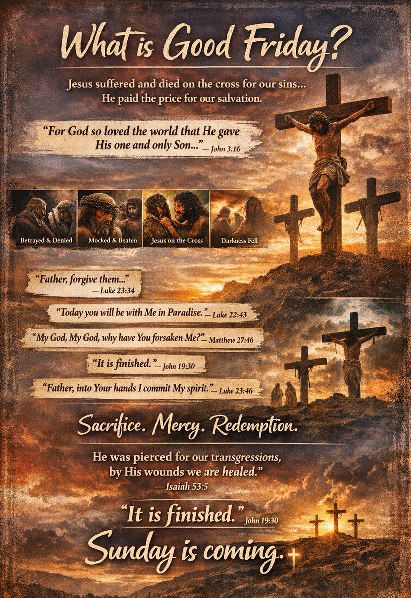 John_Matthew_T's tweet photo. What is Good Friday?

Good Friday is the day our Lord and Savior Jesus Christ suffered and died on the cross for our sins. 

He willingly gave His life, bearing our punishment and carrying the weight of the world's sin.

It is called "Good" not because of the suffering, but because through His sacrifice, salvation was given to us and the price for sin was paid in full.

"For God so loved the world that He gave His one and only Son…"
— John 3:16

Good Friday is the greatest demonstration of love  our Savior willingly suffering, bleeding, and dying for humanity. It is a day of sorrow, yet also a day of hope, because through the cross, Jesus made a way for us to be reconciled to God.

On this day, Jesus was betrayed by Judas with a kiss and arrested in the night.
"Judas, are you betraying the Son of Man with a kiss?"
— Luke 2:482

Peter, one of His closest disciples, denied Him three times, just as Jesus had foretold.
"I do not know Him."
— Matthew 26:74

Jesus was taken before Pontius Pilate. Though no fault was found in Him, the crowd shouted:
"Crucify Him! Crucify Him!"
— Luke 23:21

The soldiers mocked Him, beat Him, and placed a crown of thorns on His head.
"They twisted together a crown of thorns and set it on His head."
— John 19:2

Jesus then carried His cross to Golgotha, the place of the skull.
"And He went out, bearing His own cross."
— John 19:17

There, Jesus was crucified between two criminals.
"When they came to the place called the Skull, they crucified Him."
— Luke 23:33

While on the cross, Jesus spoke His final words.

"Father, forgive them, for they do not know what they are doing."
— Luke 23:34
Even in suffering, He chose forgiveness.

"Truly I tell you, today you will be with Me in paradise."
— Luke 23:43
He offered salvation to the repentant thief.

"Woman, behold your son… behold your mother."
— John 19:26–27
He showed love and care even in pain.

"My God, My God, why have You forsaken Me?"
— Matthew 27:46
Jesus bore the weight of our sins.

"I thirst."
— John 19:28
He experienced human suffering fully.

"It is finished."
— John 19:30
The work of salvation was complete.

"Father, into Your hands I commit My spirit."
— Luke 23:46
Jesus surrendered Himself to the Father.

At that moment, darkness covered the land.
— Luke 23:44

The temple curtain was torn in two.
— Matthew 27:51

The earth shook, and the centurion declared:
"Surely this was the Son of God."
— Matthew 27:54

Good Friday reminds us that Jesus took our punishment, bore our sins, and died in our place.

"But He was pierced for our transgressions… by His wounds we are healed."
— Isaiah 53:5

He was betrayed — yet He loved.
He was beaten — yet He forgave.
He was crucified — yet He saved.

Because of Good Friday, we have forgiveness.

Because of Good Friday, we have grace.

Because of Good Friday, we have hope.

The cross was not defeat  it was victory. Jesus gave His life for us.

"It is finished."
— John 19:30

But the story doesn't end here…
Sunday is coming. ✝️ #goodfriday