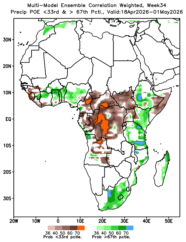 MaithyaVilivu's tweet image. Update: The skill-weighted NMME multimodel-ensemble charts depict slightly-to-highly enhanced rainfall across most of #Kenya in the last ten or so days of April. Between 36%-70% of model simulation observations for KE in that forecast period lie in the upper tercile, indicating