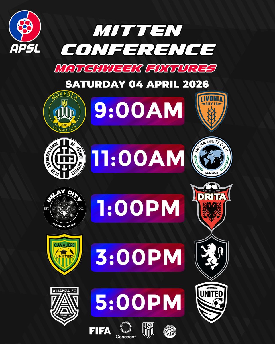 APSLSoccer_'s tweet photo. 📅 Weekend Fixtures

Conference play continues across the APSL this weekend as clubs return to the pitch with critical points on the line.

Title races, playoff positioning, and promotion battles remain tight — every match has implications.

The table won’t wait. https://t.co/wuJ149MwmU