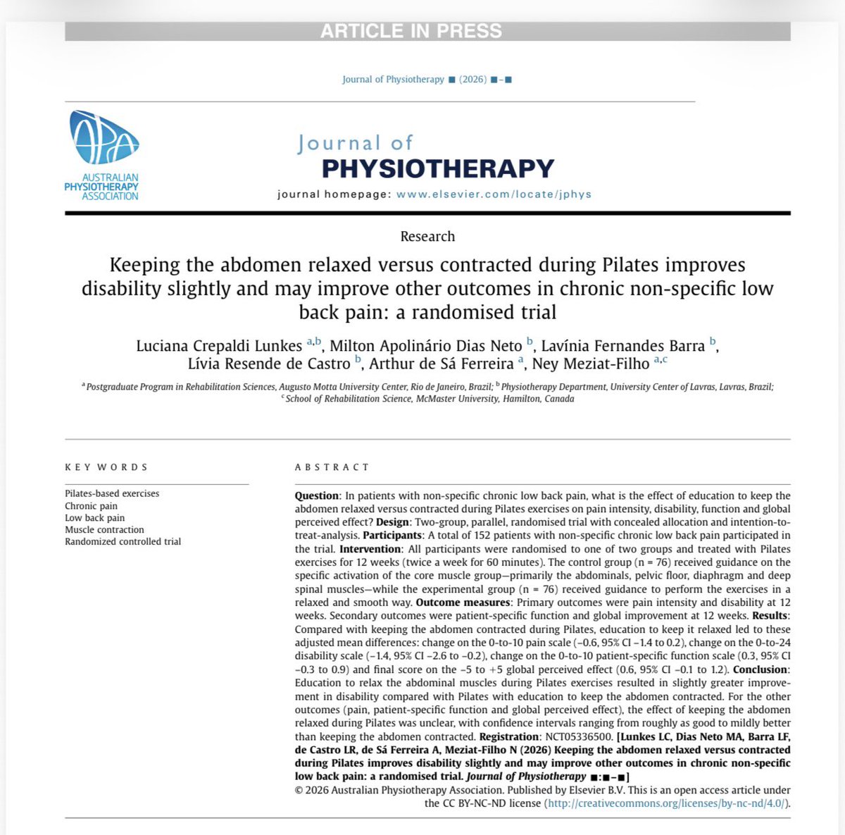 Keeping the abdomen relaxed versus contracted during Pilates improves ... sciencedirect.com/science/articl…

Pilates for chronic LBP: teaching patients to relax the abs during exercises slightly improved disability vs “keep the core contracted.” For pain/function/global effect, differences