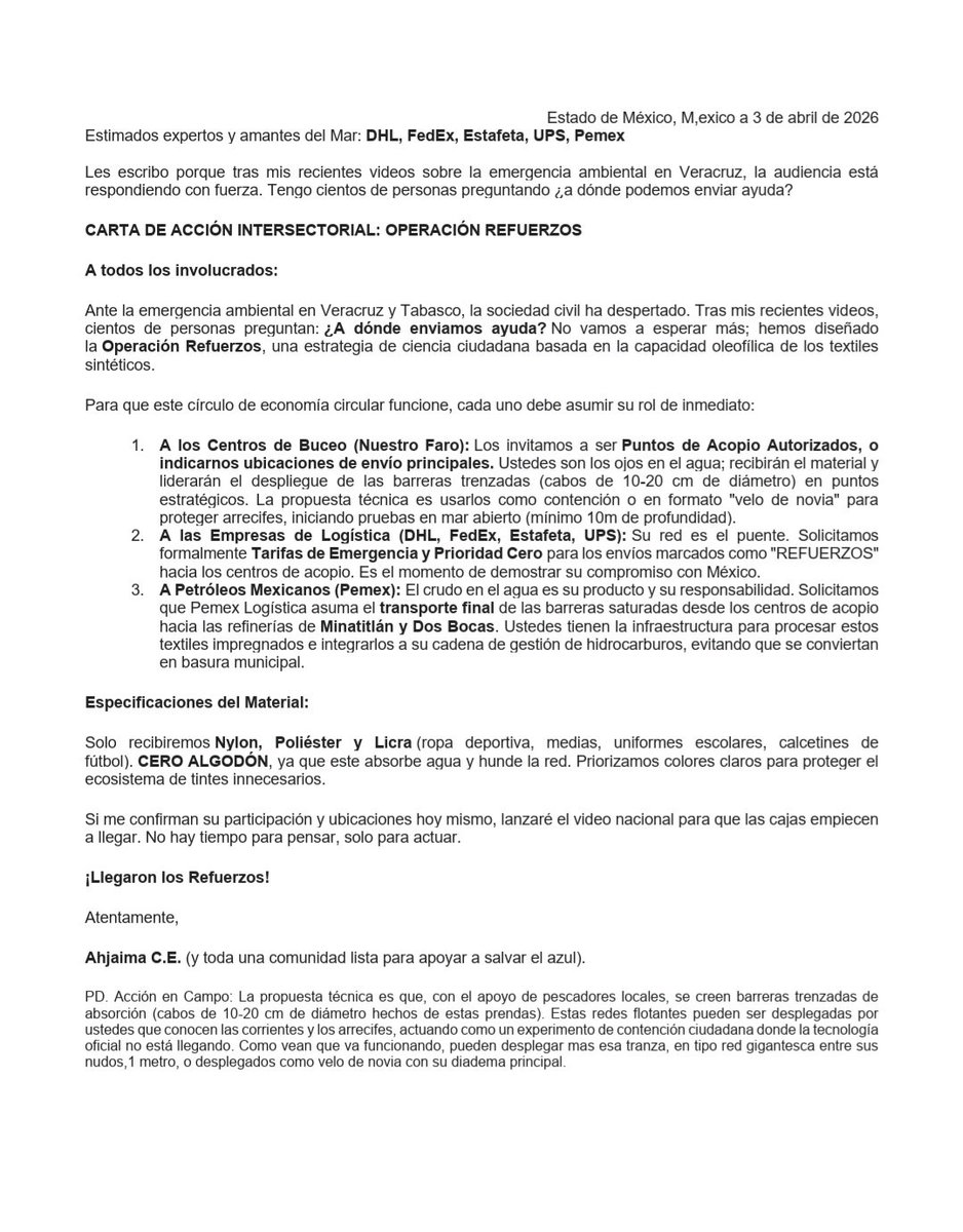 Ahjaima's tweet photo. Aquí refuerzos para contener Derrame en Veracrúz. Confirmen porfavor. @DHLMex @estafeta @ups_sort @FedExHelp @Pemex @VictorRPadilla @BuceoMX @doradoveracruz @SCUBAdventures https://t.co/FDx8mMs2Y6