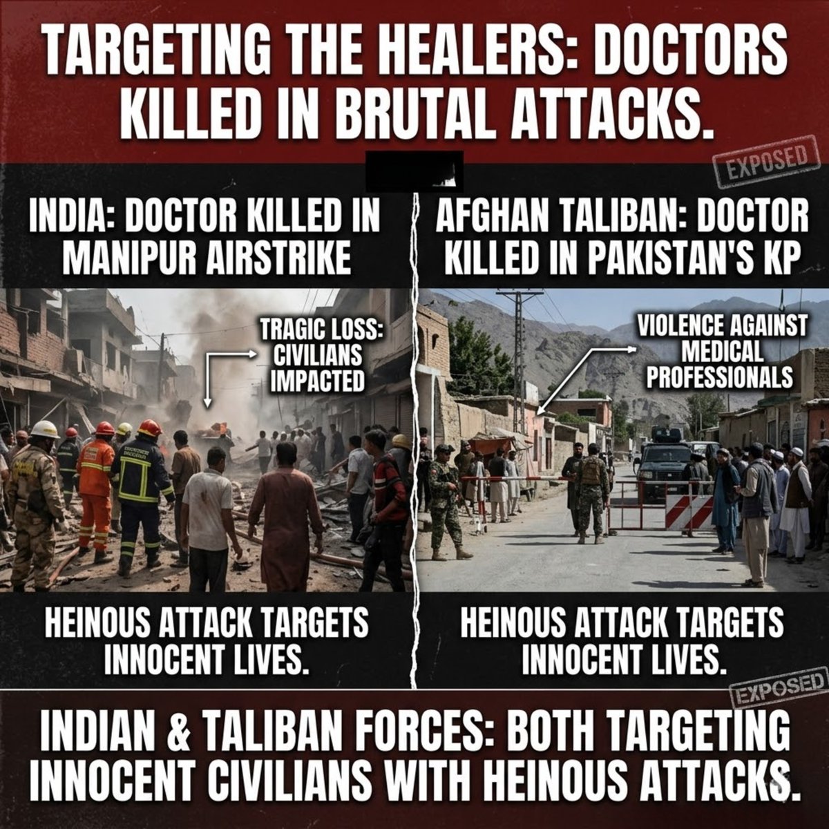 INY78600's tweet image. Indian forces and Taliban forces are doing the same both targeting innocent civilians with heinous attacks.

India recently killed a doctor in Manipur in airstrikes.

Afghan Taliban killed a doctor in Pakistan’s KP yesterday.
#India #terrorism